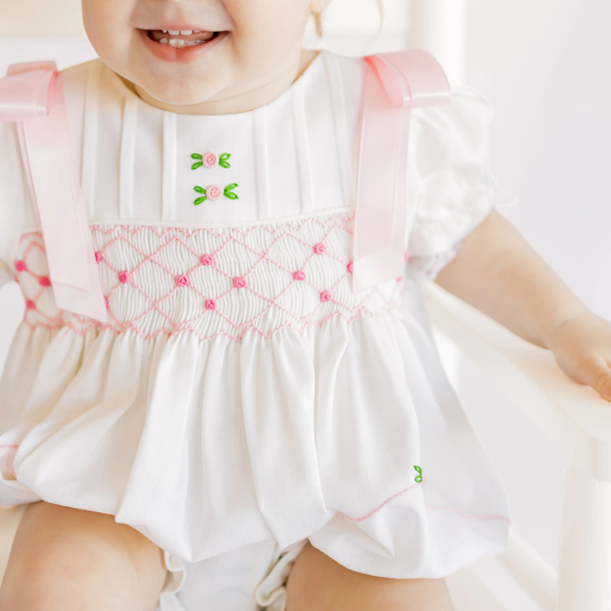 Pink & White Linen Smocked Rosette Bubble