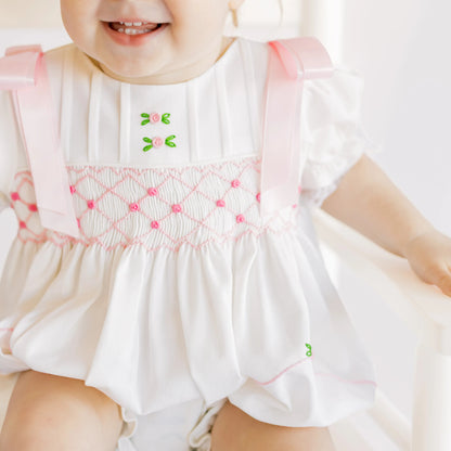Pink & White Linen Smocked Rosette Bubble