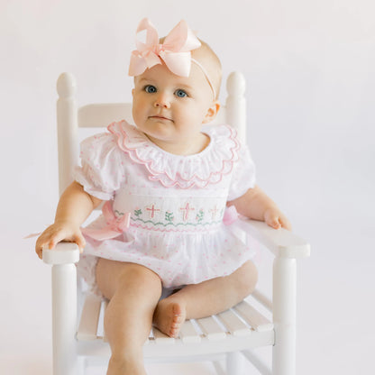 Pink Swiss Dot Pearl Smocked Crosses Bubble