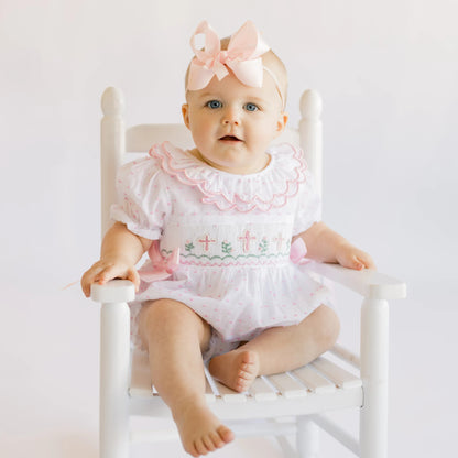Pink Swiss Dot Pearl Smocked Crosses Bubble