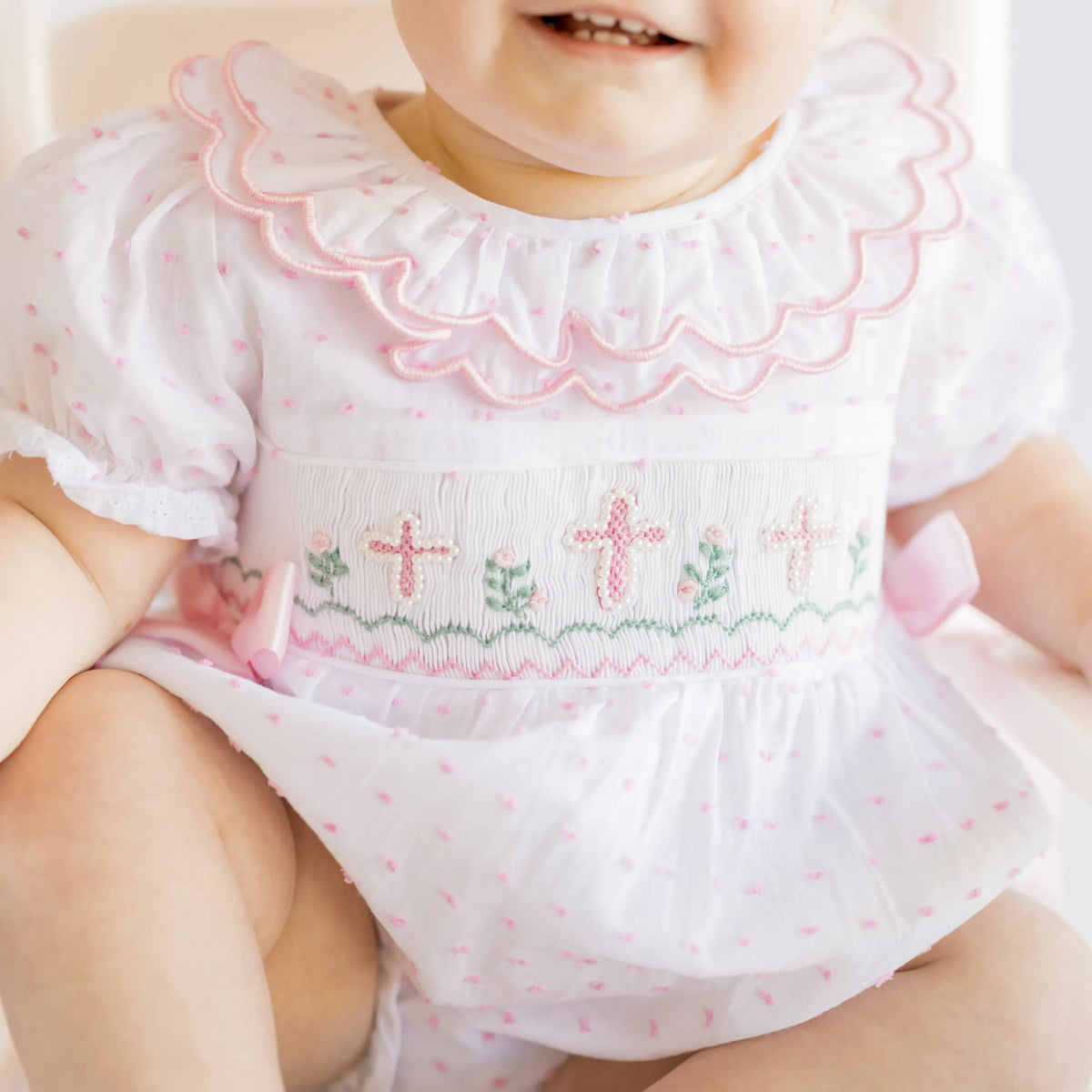 Pink Swiss Dot Pearl Smocked Crosses Bubble
