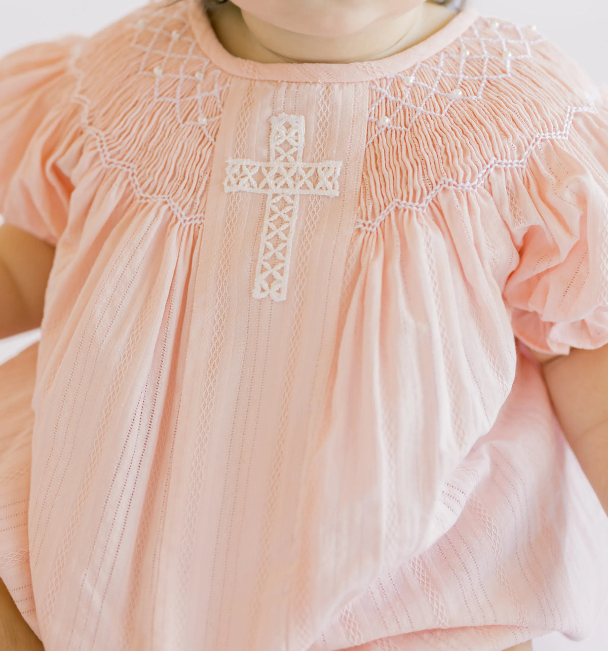 Pink Linen Lace Cross & Smocked Pearls Bubble