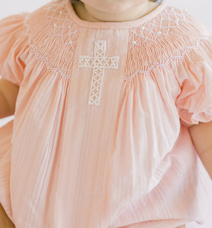 Pink Linen Lace Cross & Smocked Pearls Bubble