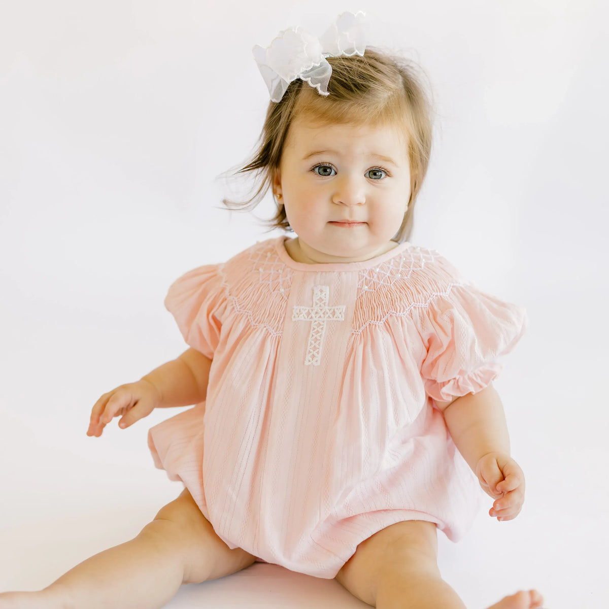 Pink Linen Lace Cross & Smocked Pearls Bubble