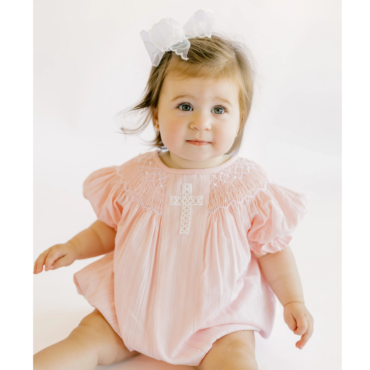 Pink Linen Lace Cross & Smocked Pearls Bubble