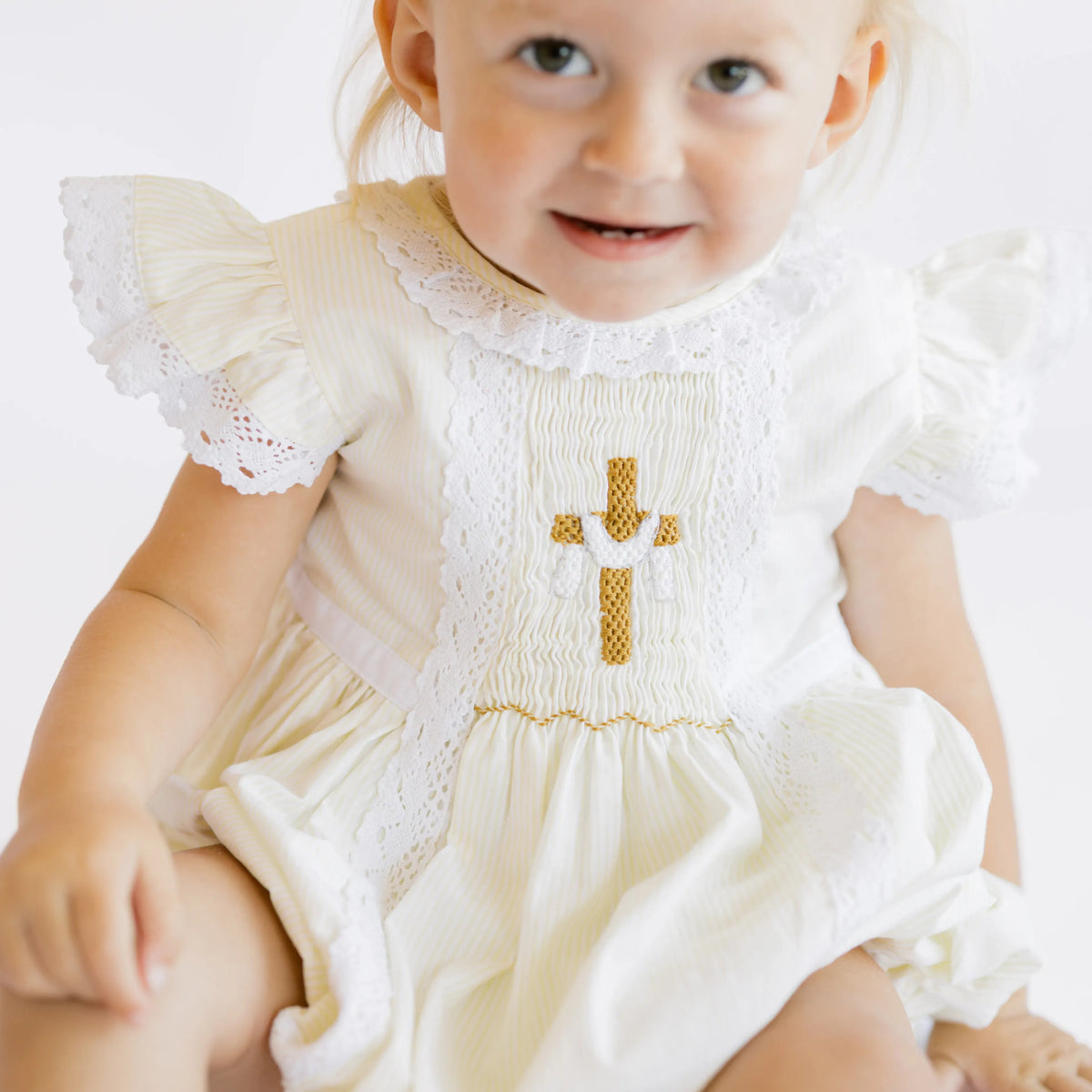 Girls Yellow Striped Smocked He Is Risen Bubble