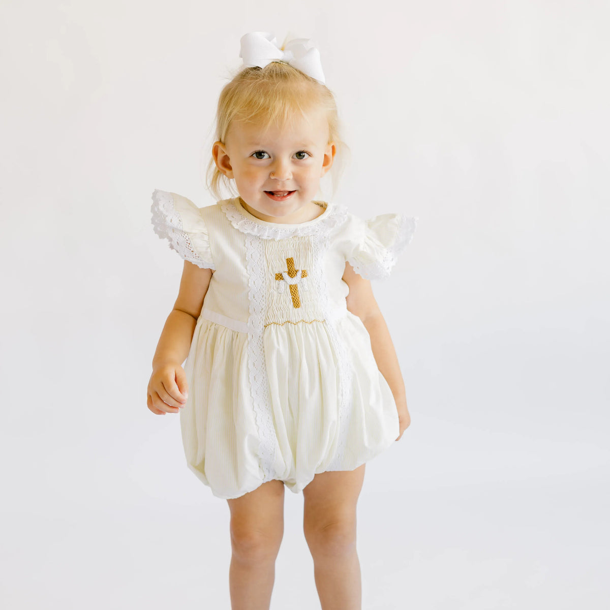 Girls Yellow Striped Smocked He Is Risen Bubble