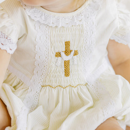 Girls Yellow Striped Smocked He Is Risen Bubble