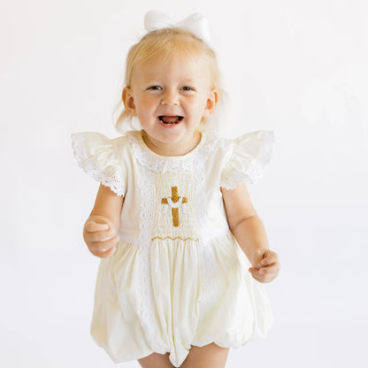 Girls Yellow Striped Smocked He Is Risen Bubble