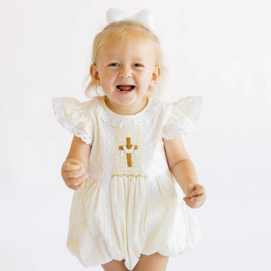Girls Yellow Striped Smocked He Is Risen Bubble