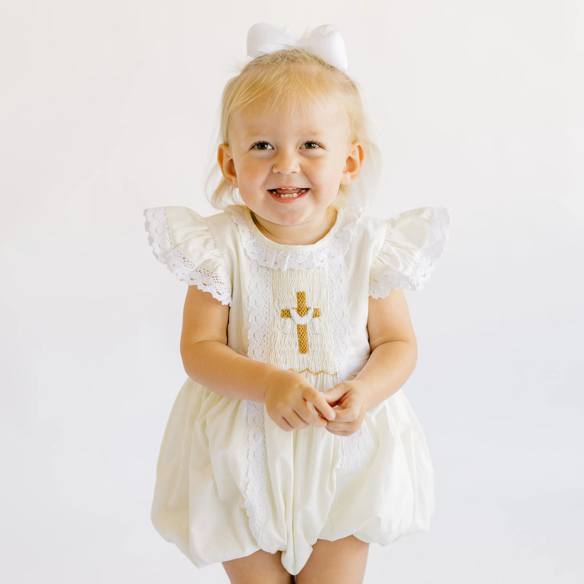 Girls Yellow Striped Smocked He Is Risen Bubble