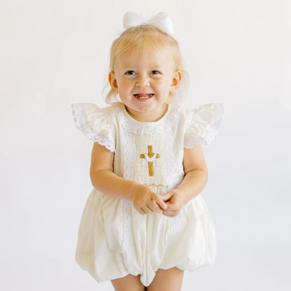 Girls Yellow Striped Smocked He Is Risen Bubble