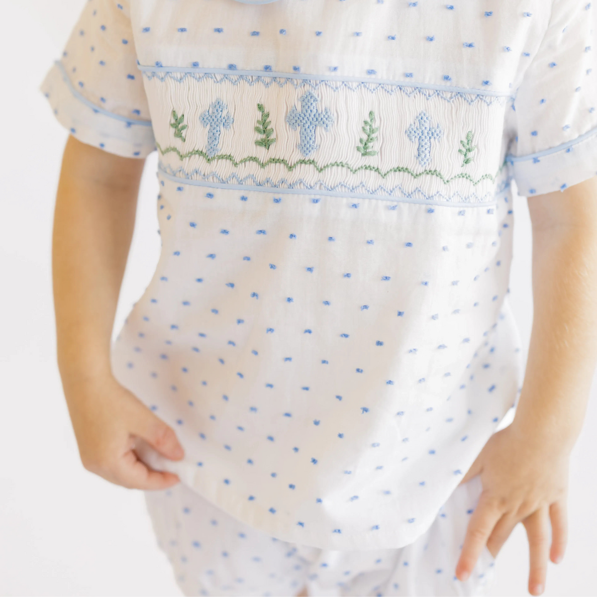 Boys Blue Swiss Dot Smocked Crosses Banded Short Set
