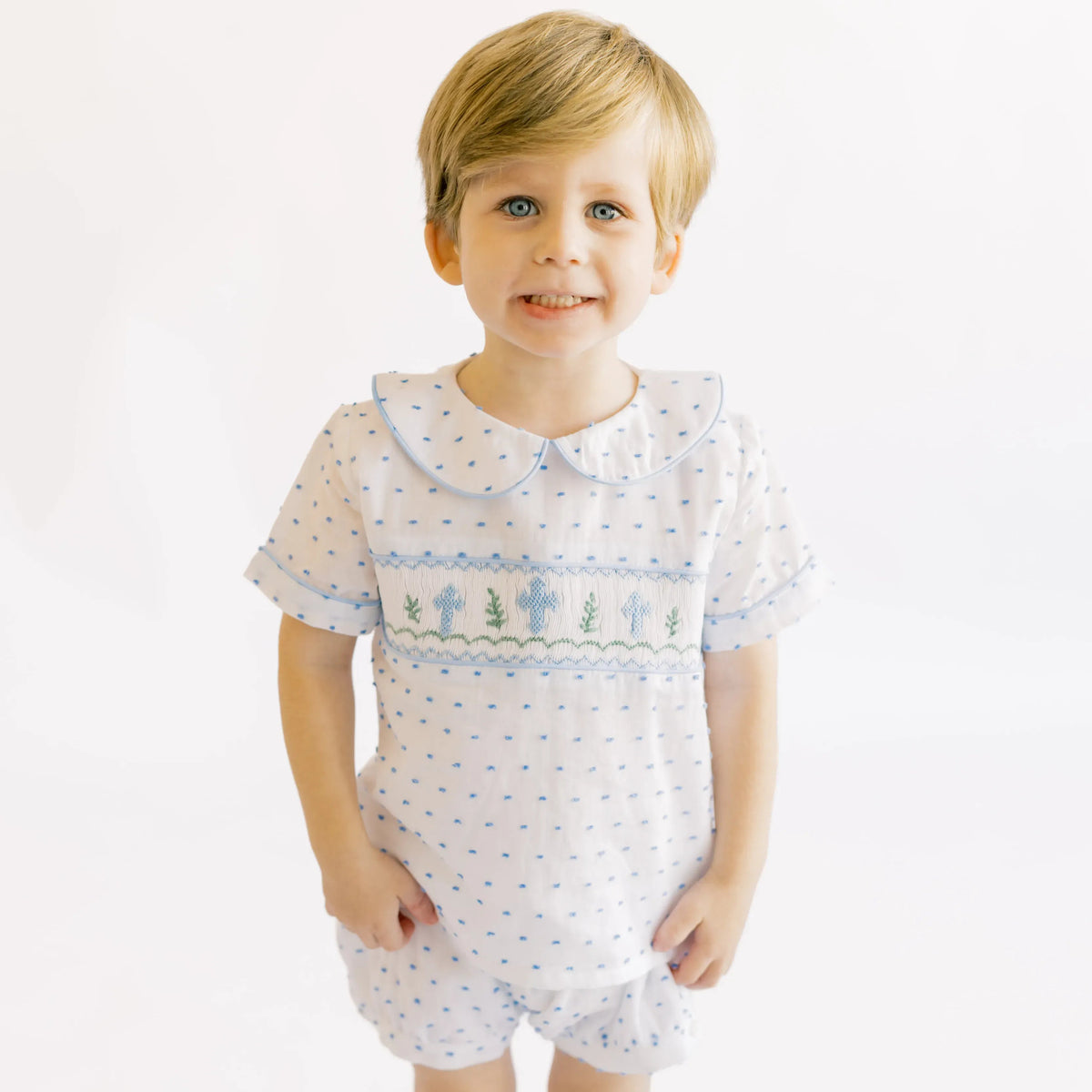 Boys Blue Swiss Dot Smocked Crosses Banded Short Set