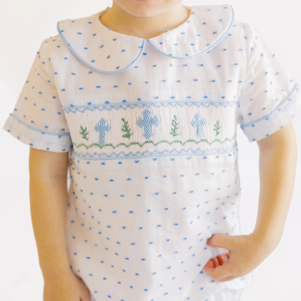 Boys Blue Swiss Dot Smocked Crosses Banded Short Set