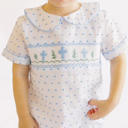 Boys Blue Swiss Dot Smocked Crosses Banded Short Set