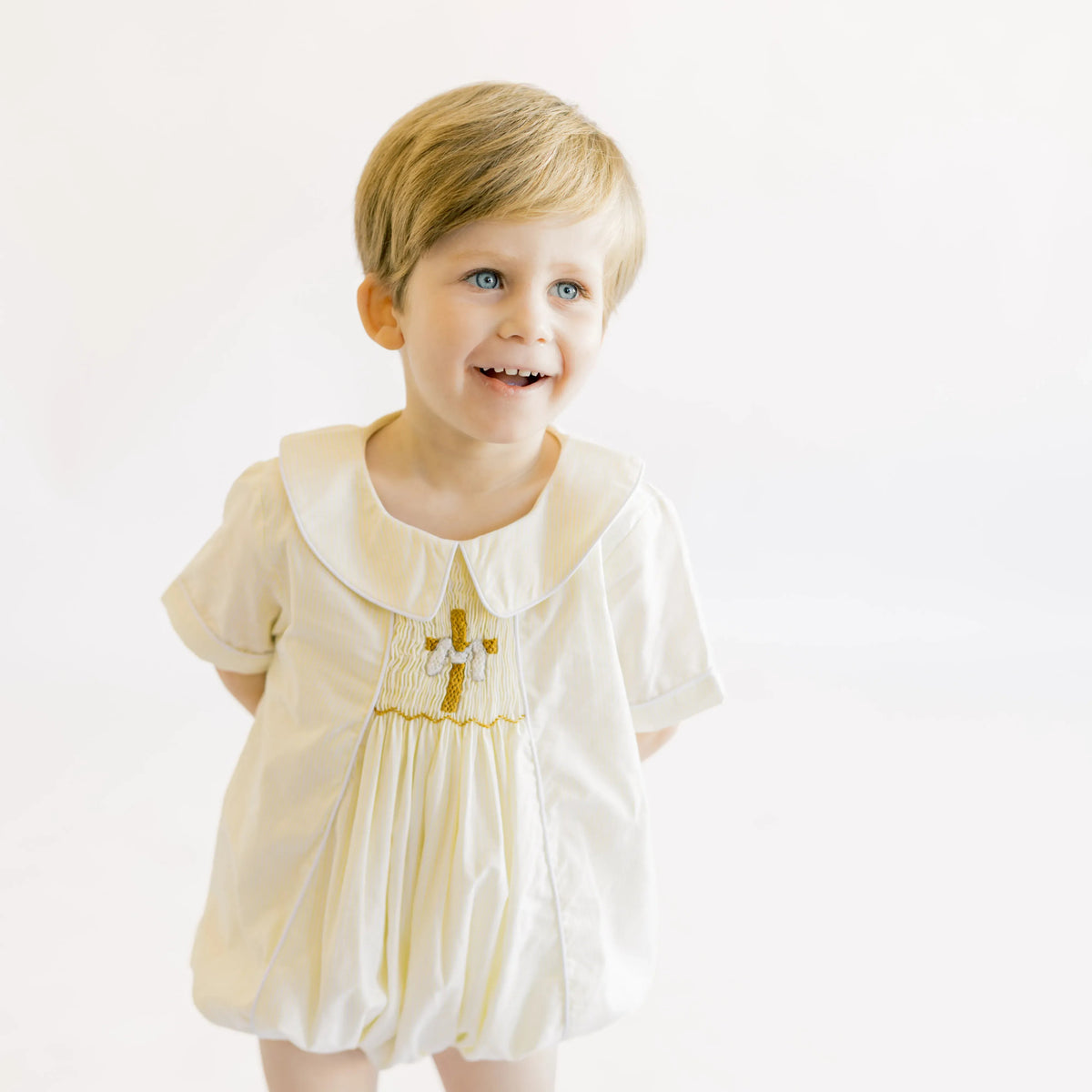 Boys Yellow Striped Smocked He Is Risen Bubble
