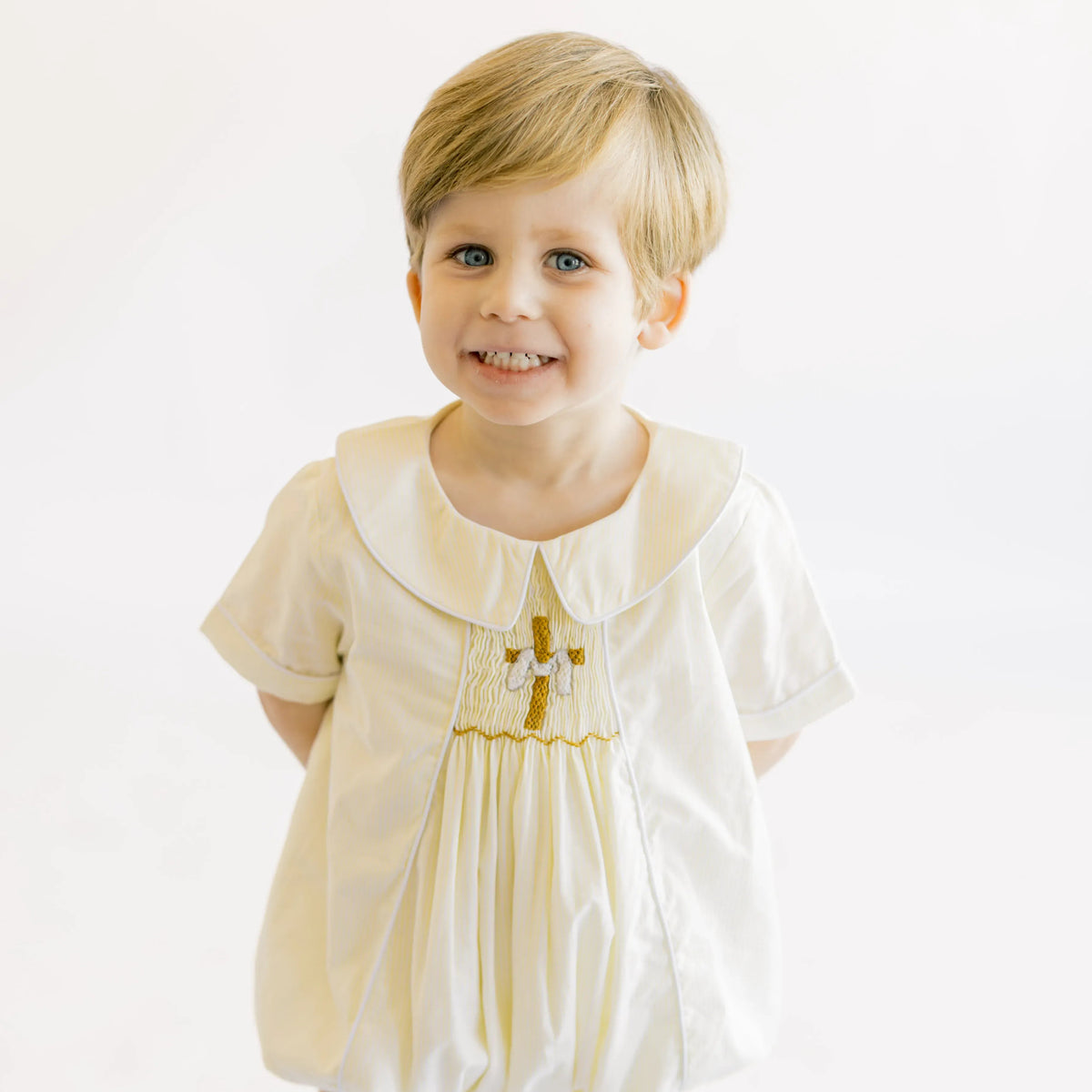 Boys Yellow Striped Smocked He Is Risen Bubble