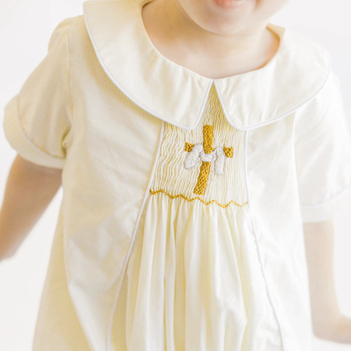 Boys Yellow Striped Smocked He Is Risen Bubble