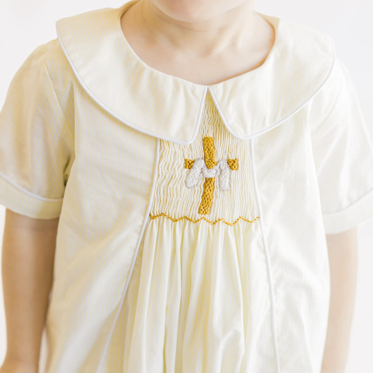 Boys Yellow Striped Smocked He Is Risen Bubble