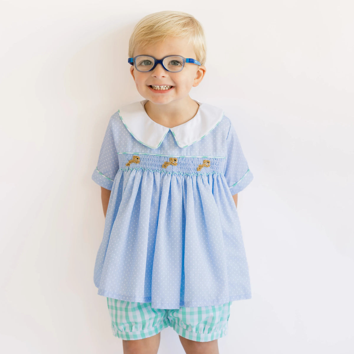 Blue Dot & Mint Smocked Bullion Bunny Banded Short Set