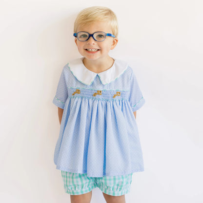 Blue Dot & Mint Smocked Bullion Bunny Banded Short Set