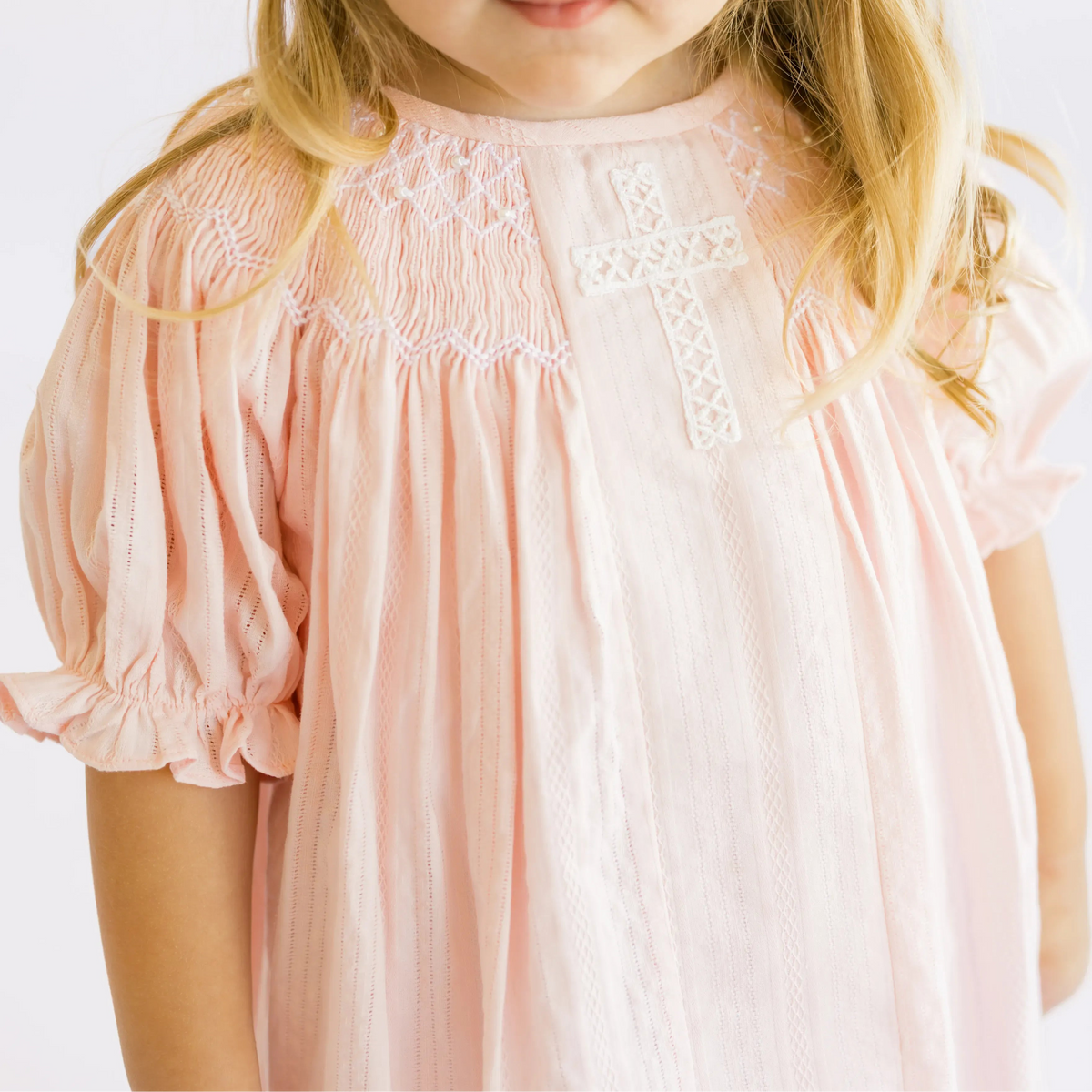 Pink Linen Lace Cross & Smocked Pearls Dress