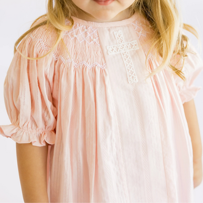 Pink Linen Lace Cross & Smocked Pearls Dress