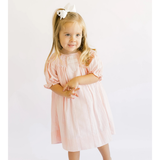 Pink Linen Lace Cross & Smocked Pearls Dress