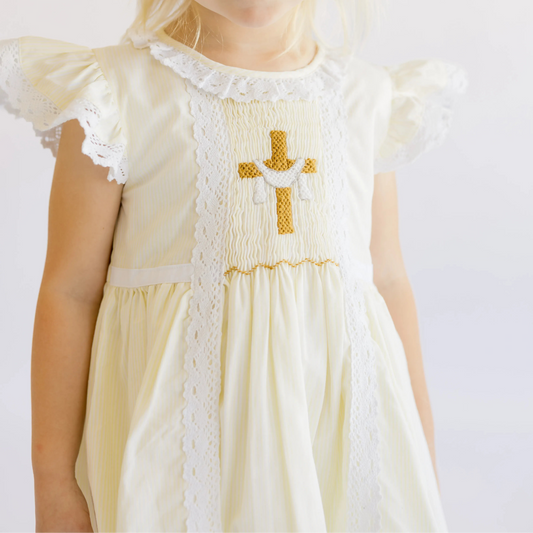 Yellow Striped Smocked He Is Risen Dress