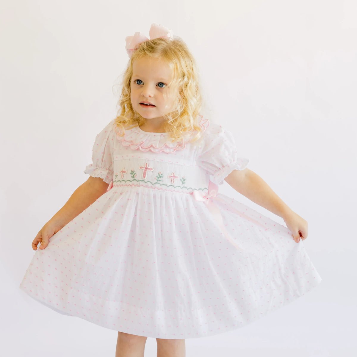 Pink Swiss Dot Pearl Smocked Crosses Dress