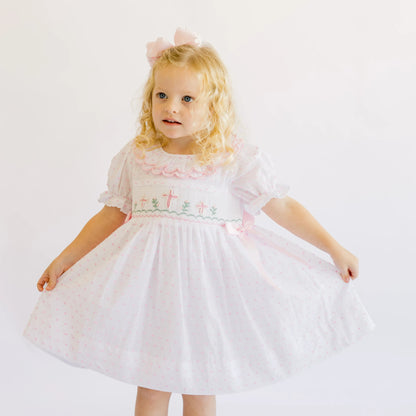 Pink Swiss Dot Pearl Smocked Crosses Dress