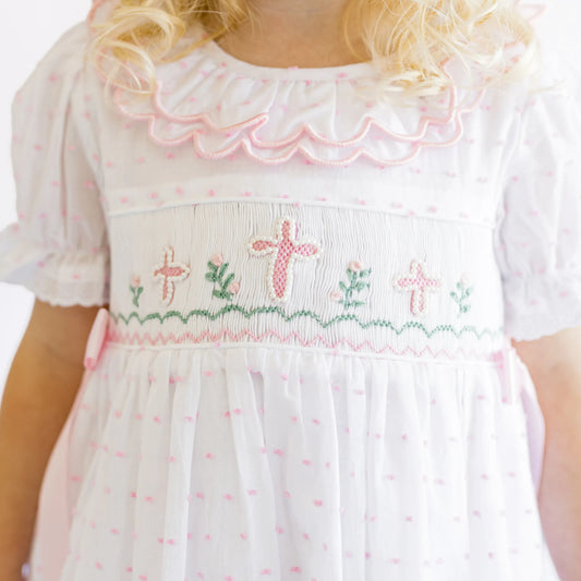 Pink Swiss Dot Pearl Smocked Crosses Dress