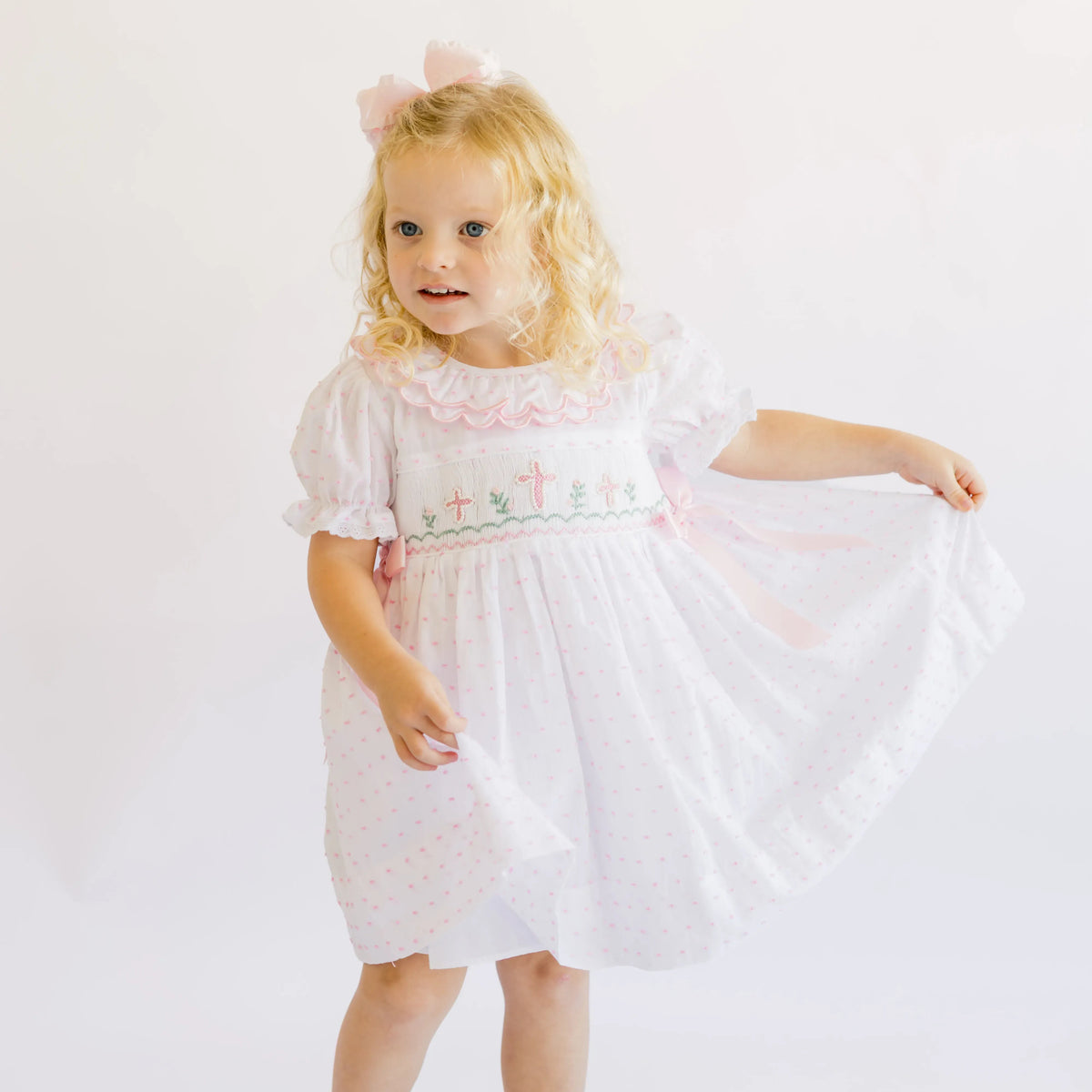 Pink Swiss Dot Pearl Smocked Crosses Dress