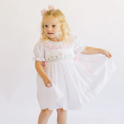 Pink Swiss Dot Pearl Smocked Crosses Dress