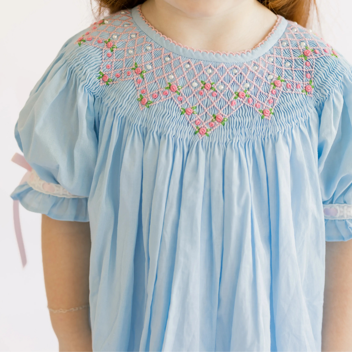 Blue Smocked Rosettes & Pearls Dress