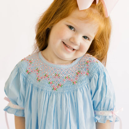 Blue Smocked Rosettes & Pearls Dress