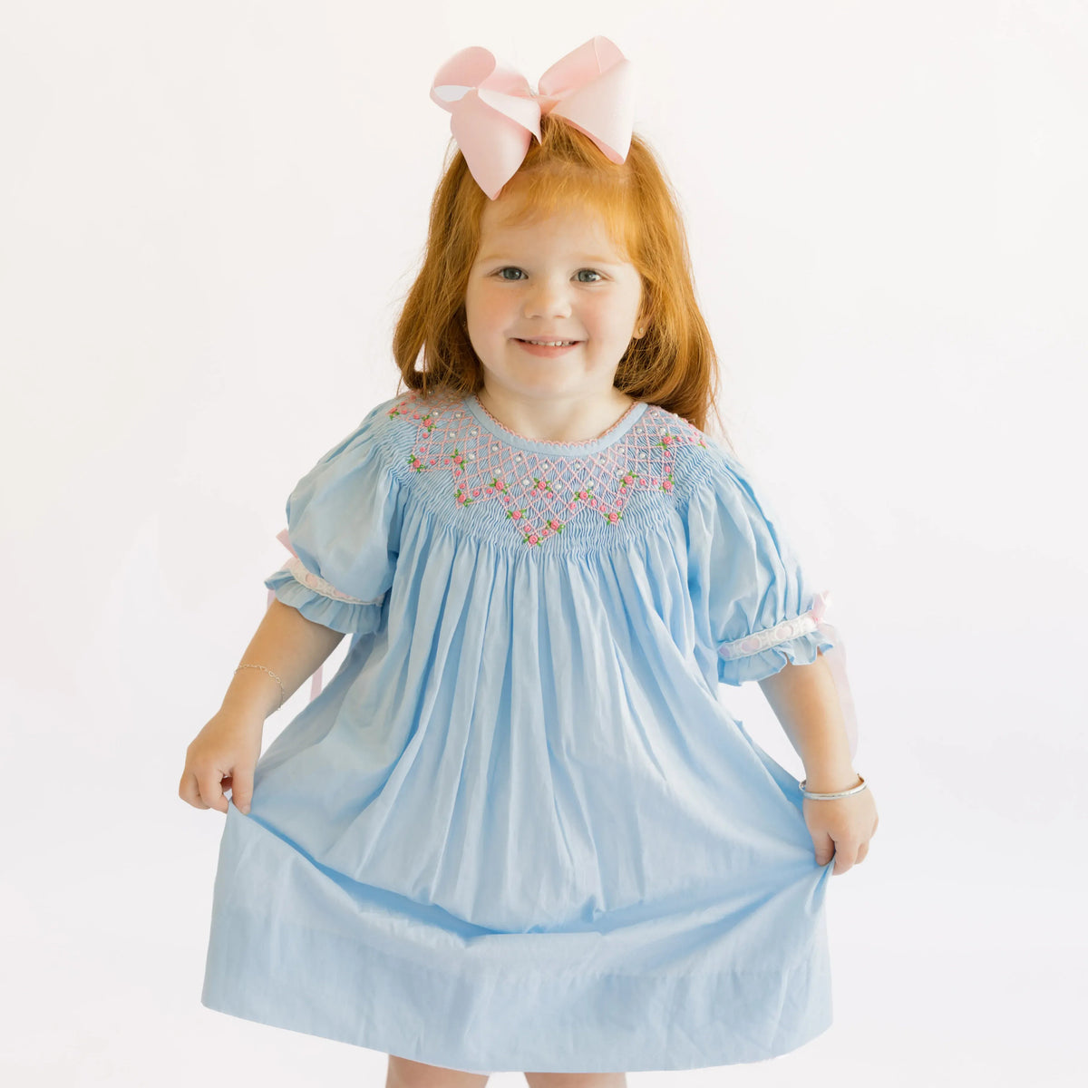 Blue Smocked Rosettes & Pearls Dress