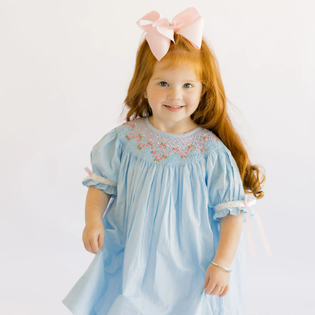 Blue Smocked Rosettes & Pearls Dress