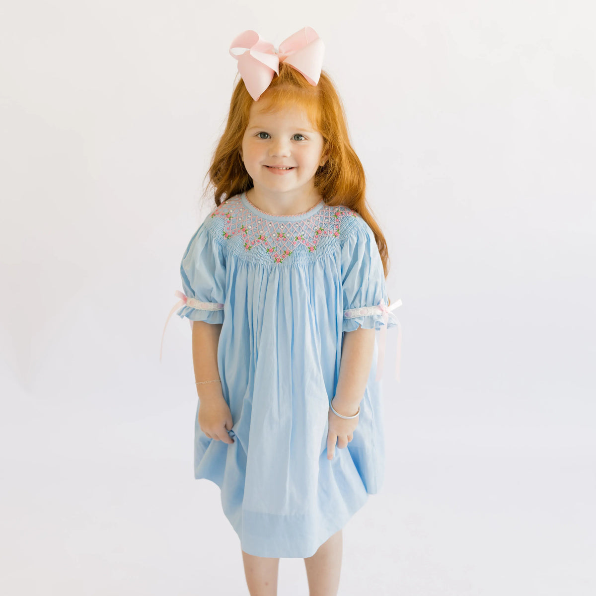 Blue Smocked Rosettes & Pearls Dress