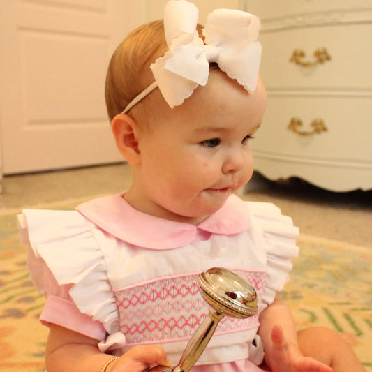 Pink Reversible Bib Name Smocked Dress
