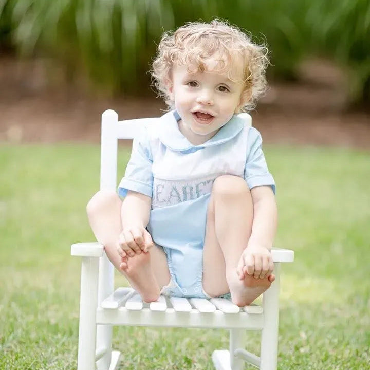 Blue Reversible Bib Name Smocked Bubble