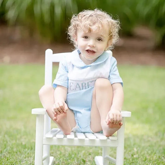 Blue Reversible Bib Name Smocked Bubble