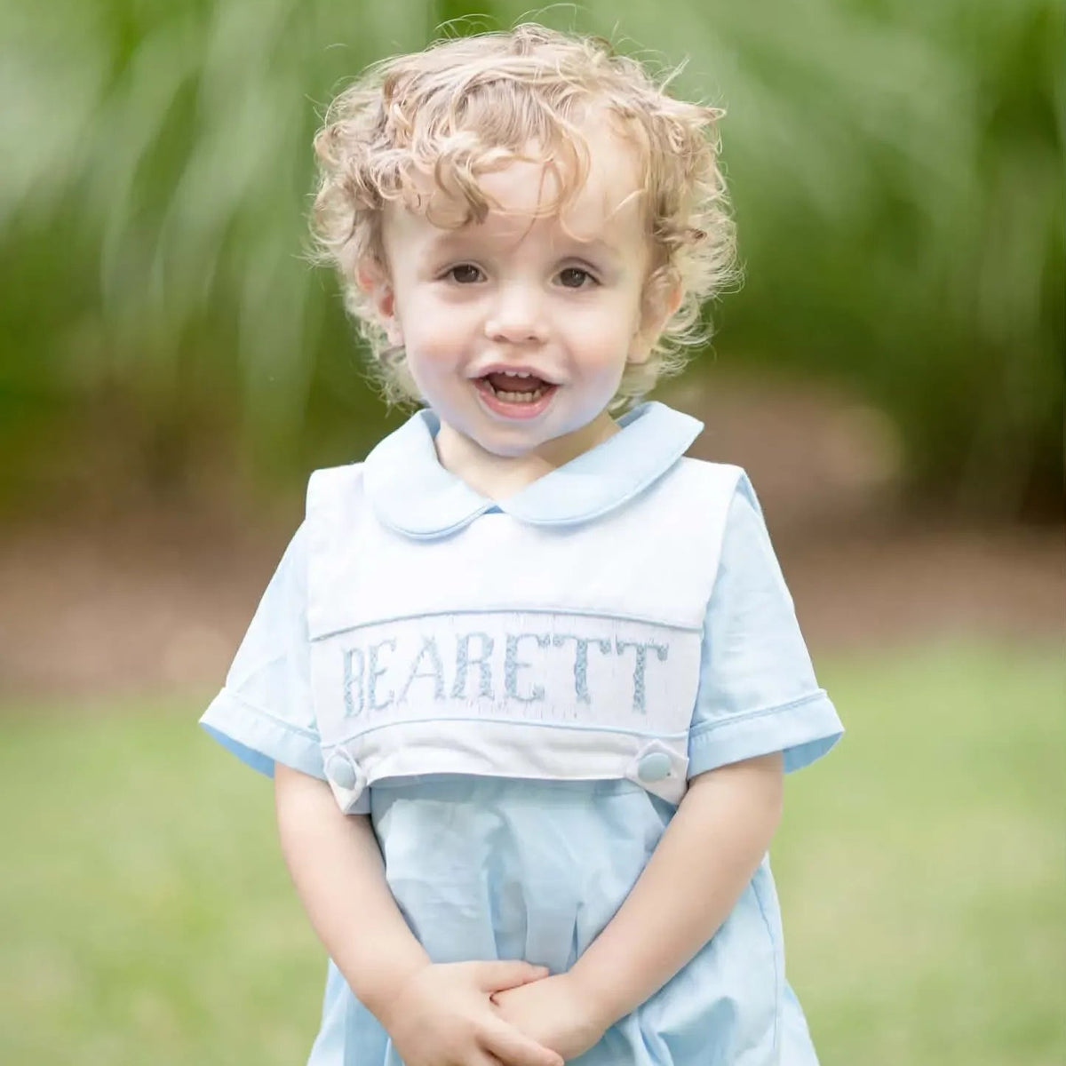 Blue Reversible Bib Name Smocked Bubble