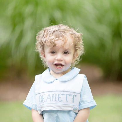 Blue Reversible Bib Name Smocked Short Set