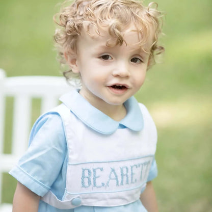 Blue Reversible Bib Name Smocked Bubble