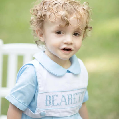 Blue Reversible Bib Name Smocked Short Set