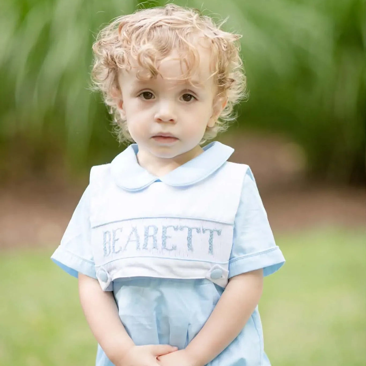Blue Reversible Bib Name Smocked Bubble