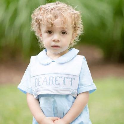 Blue Reversible Bib Name Smocked Bubble