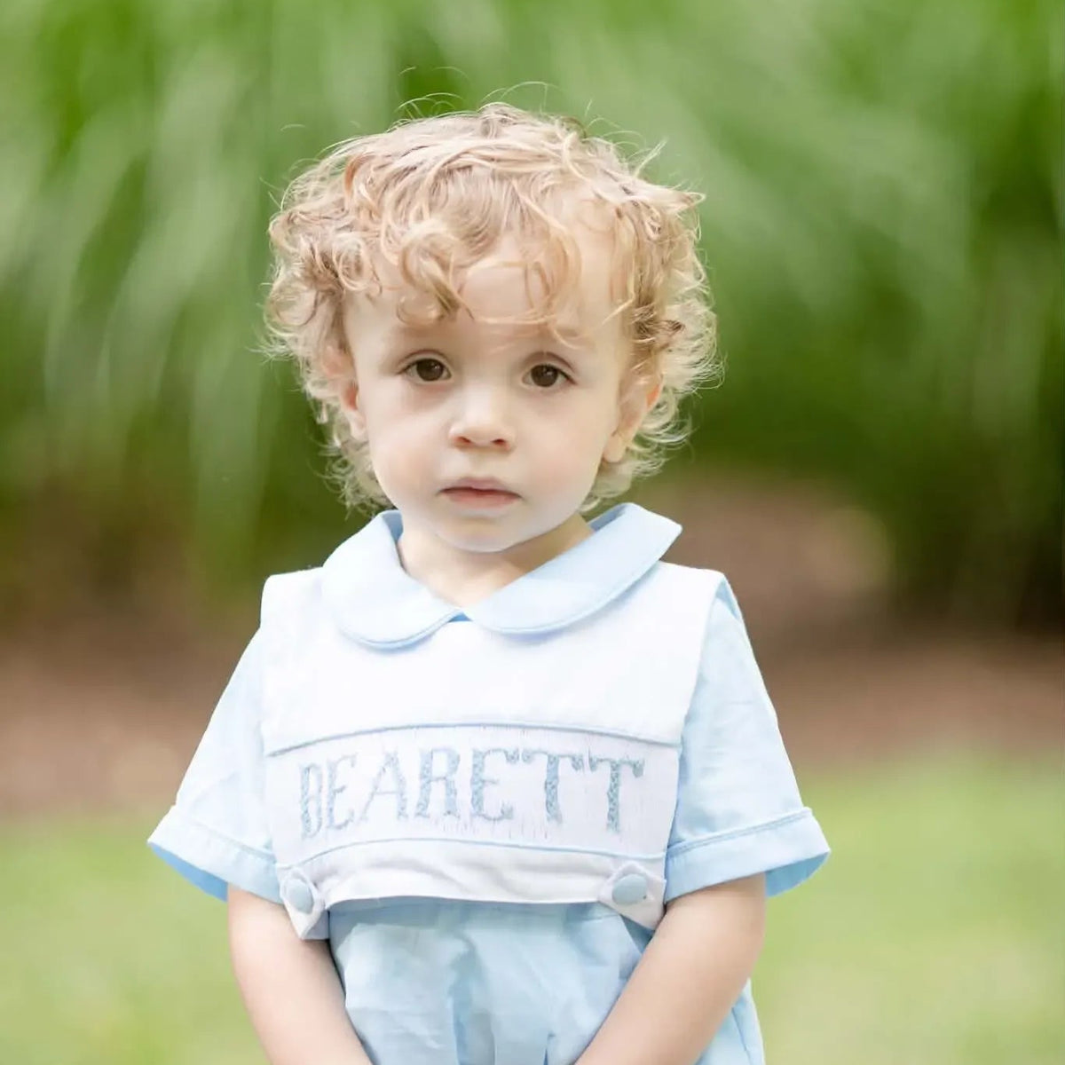 Blue Reversible Bib Name Smocked Short Set